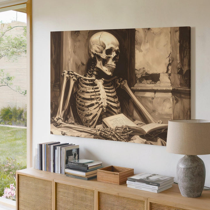 Sepia Skeleton Reader Canvas – Poetic Still Life of Time and Memory - Gifitto