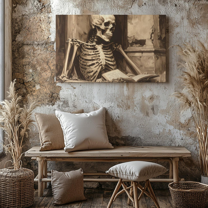 Sepia Skeleton Reader Canvas – Poetic Still Life of Time and Memory - Gifitto