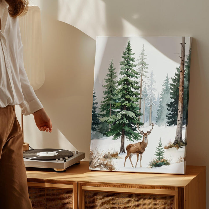 Lone Deer in Forest Canvas – Serene Christmas Nature Wall Art - Gifitto