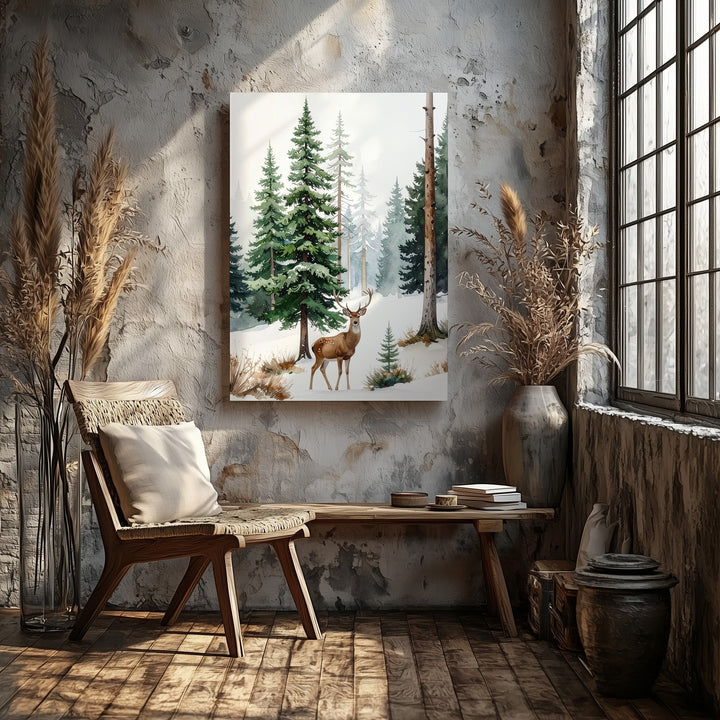 Lone Deer in Forest Canvas – Serene Christmas Nature Wall Art - Gifitto
