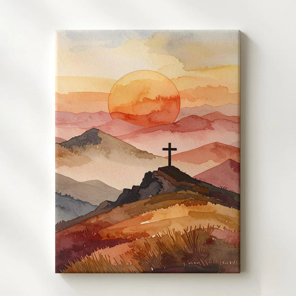 Mountain Cross at Sunset Canvas – Minimalist Christian Wall Art of Faith and Ascension - Gifitto