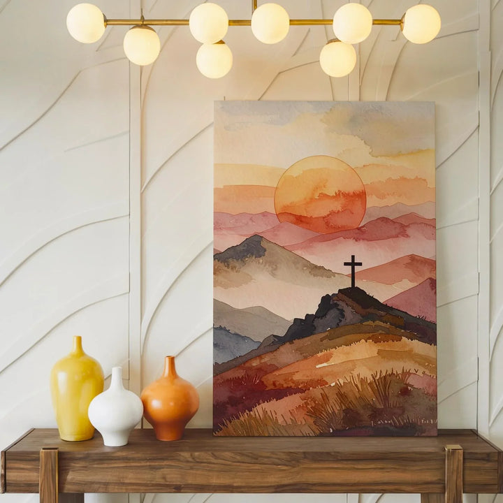 Mountain Cross at Sunset Canvas – Minimalist Christian Wall Art of Faith and Ascension - Gifitto
