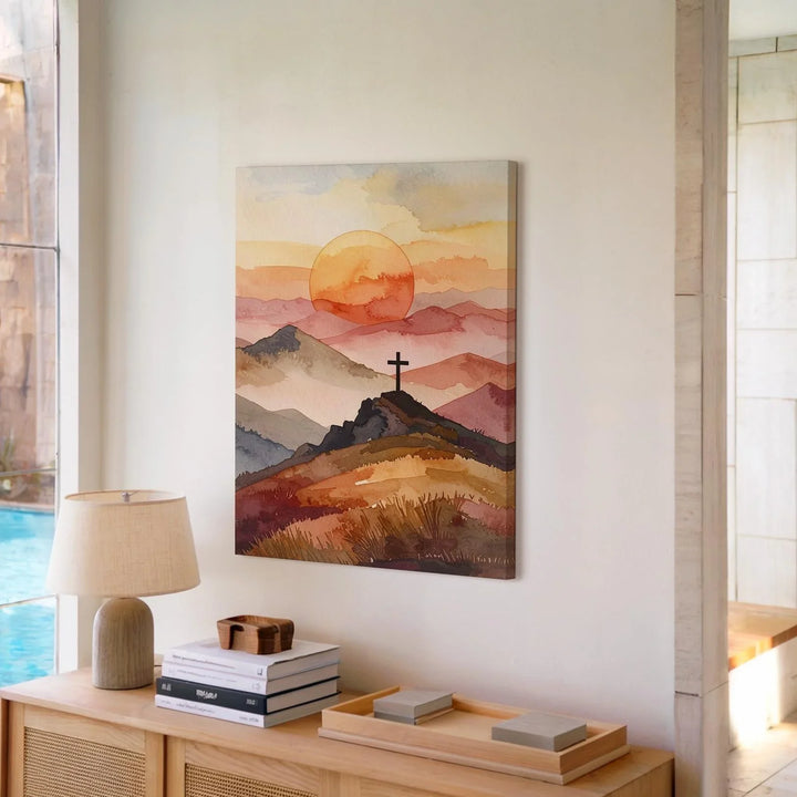 Mountain Cross at Sunset Canvas – Minimalist Christian Wall Art of Faith and Ascension - Gifitto