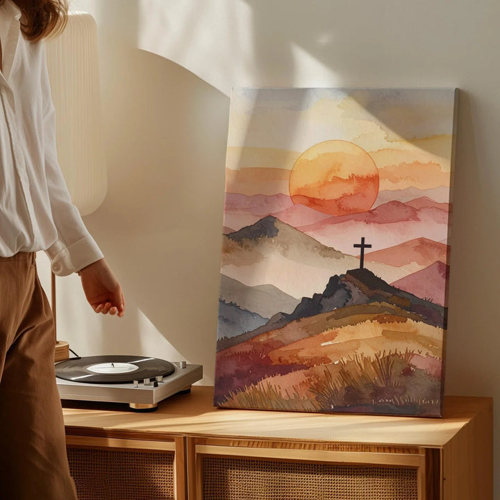 Mountain Cross at Sunset Canvas – Minimalist Christian Wall Art of Faith and Ascension - Gifitto