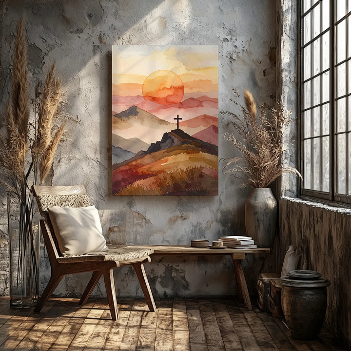 Mountain Cross at Sunset Canvas – Minimalist Christian Wall Art of Faith and Ascension - Gifitto