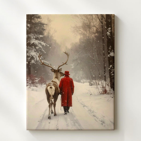 Red Cloak & Reindeer Canvas – Serene Christmas Companionship Wall Art - Gifitto