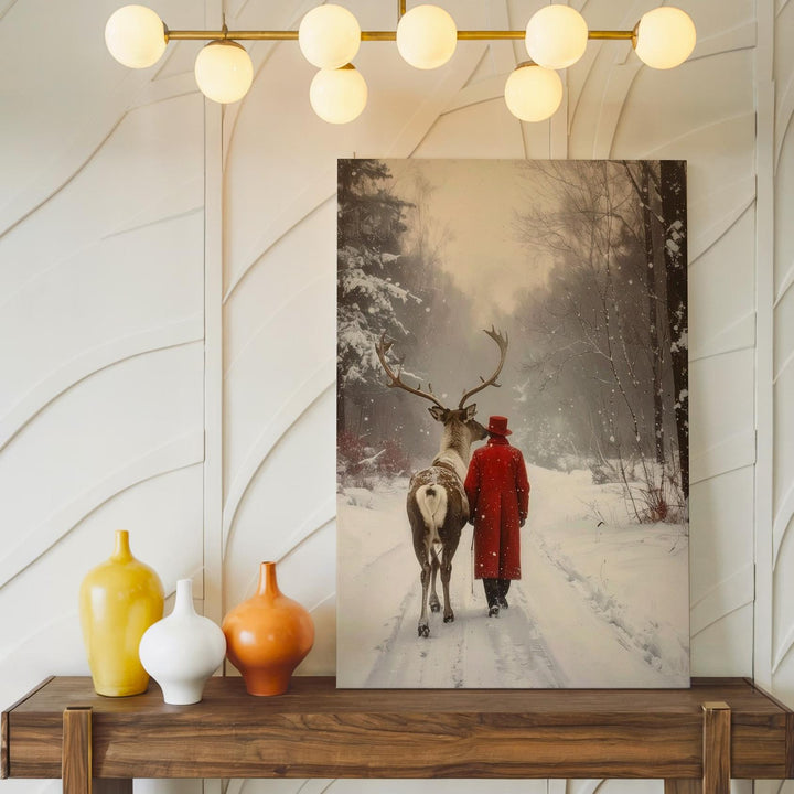 Red Cloak & Reindeer Canvas – Serene Christmas Companionship Wall Art - Gifitto