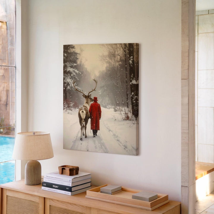 Red Cloak & Reindeer Canvas – Serene Christmas Companionship Wall Art - Gifitto