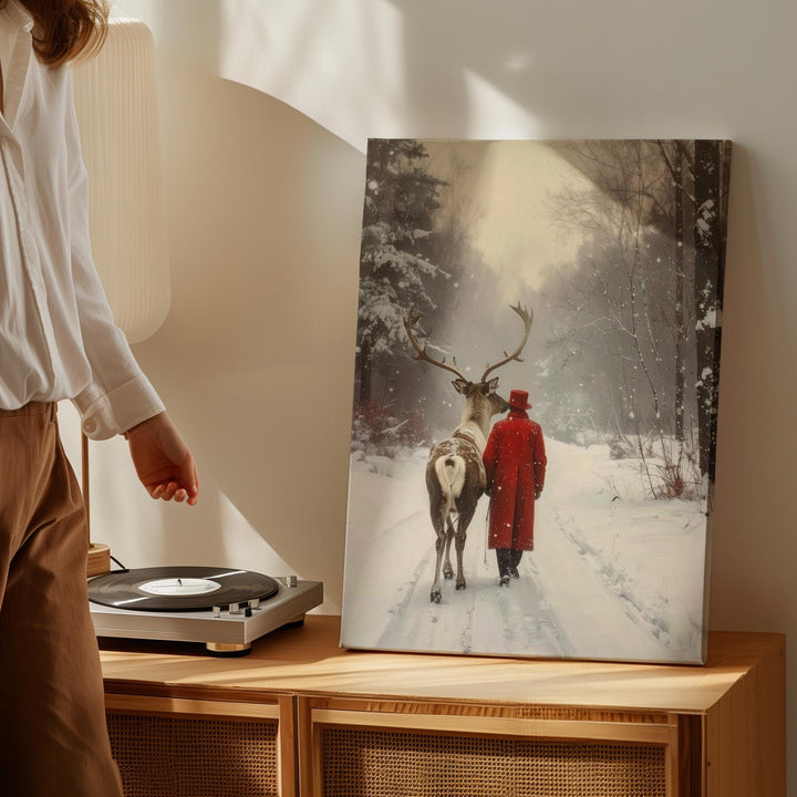 Red Cloak & Reindeer Canvas – Serene Christmas Companionship Wall Art - Gifitto