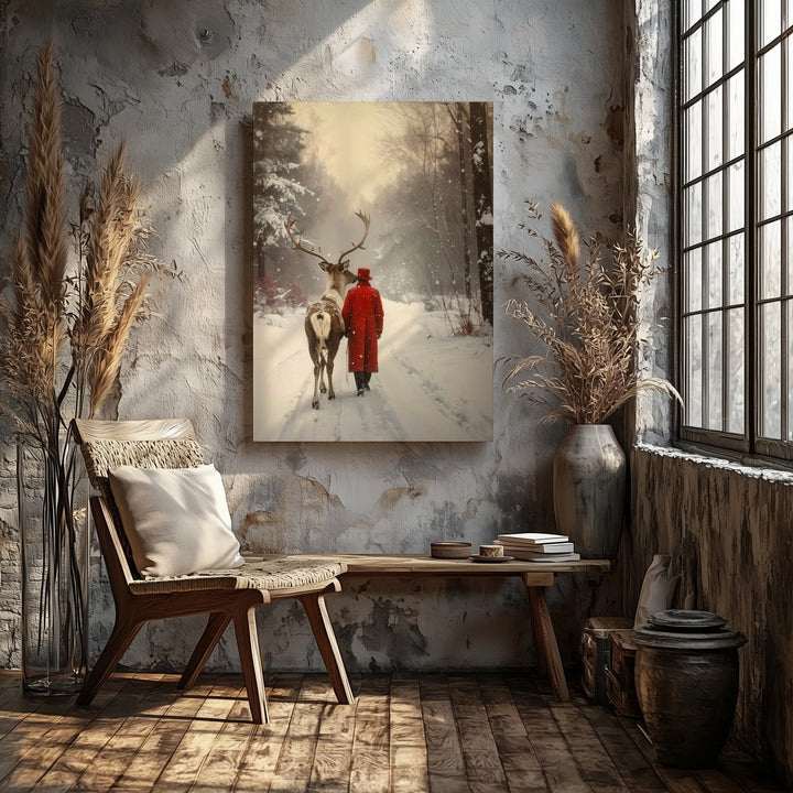Red Cloak & Reindeer Canvas – Serene Christmas Companionship Wall Art - Gifitto