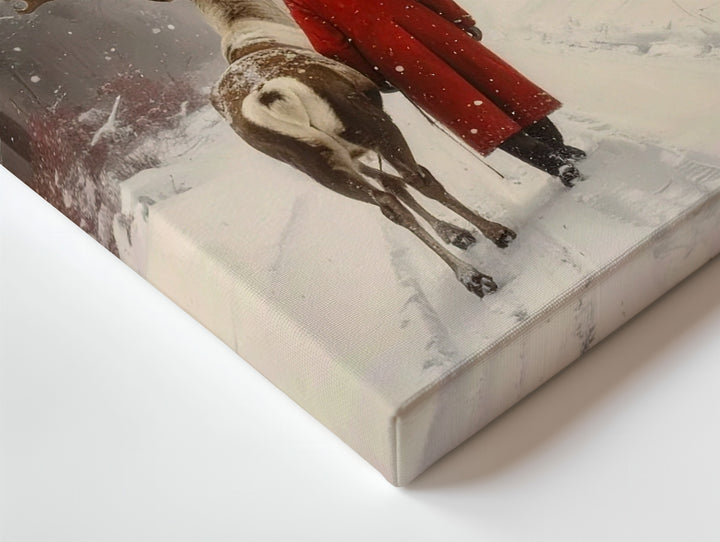 Red Cloak & Reindeer Canvas – Serene Christmas Companionship Wall Art - Gifitto