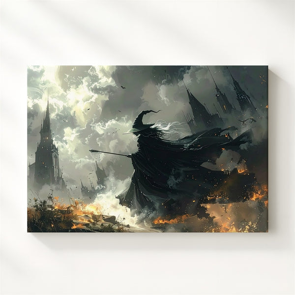 Storm Witch Canvas – Dark Fantasy Battlefield Art with Cloaked Sorcerer - Gifitto