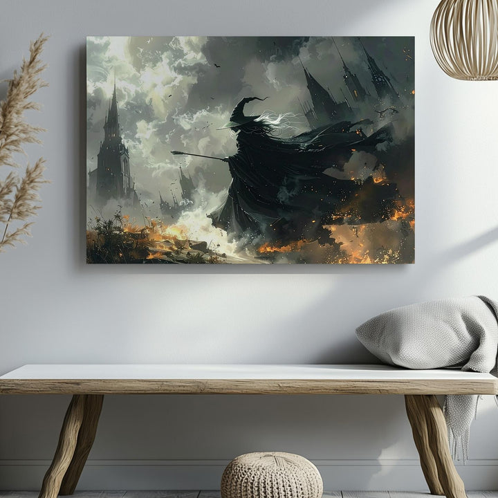 Storm Witch Canvas – Dark Fantasy Battlefield Art with Cloaked Sorcerer - Gifitto