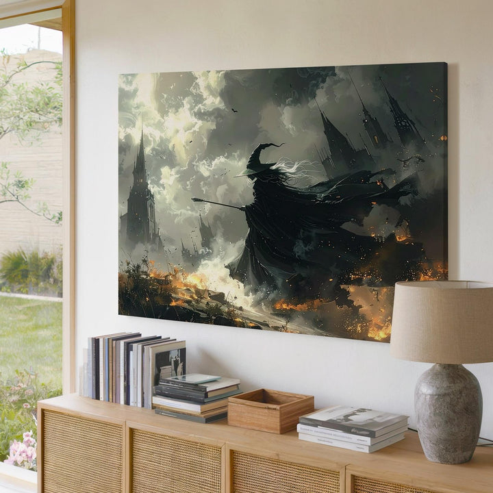 Storm Witch Canvas – Dark Fantasy Battlefield Art with Cloaked Sorcerer - Gifitto