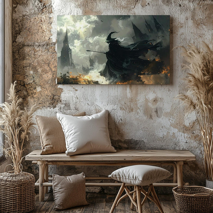 Storm Witch Canvas – Dark Fantasy Battlefield Art with Cloaked Sorcerer - Gifitto