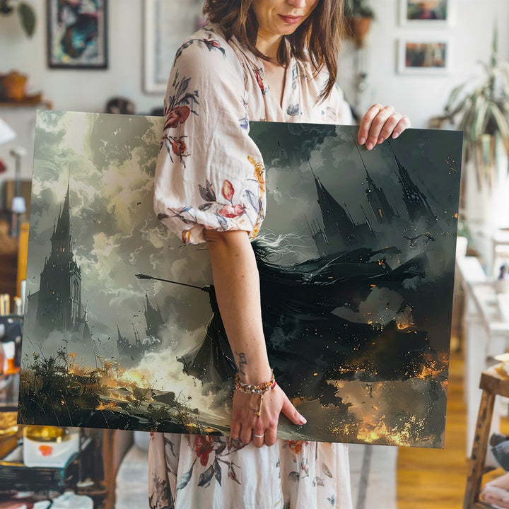 Storm Witch Canvas – Dark Fantasy Battlefield Art with Cloaked Sorcerer - Gifitto