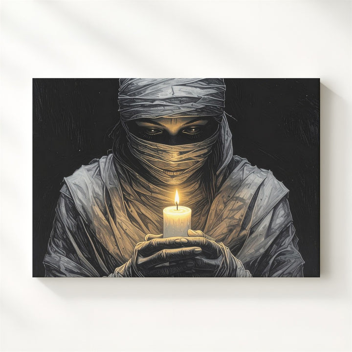 Mummified Candle Bearer Canvas – Solitary Flame in Darkness Art - Gifitto