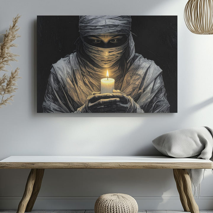 Mummified Candle Bearer Canvas – Solitary Flame in Darkness Art - Gifitto