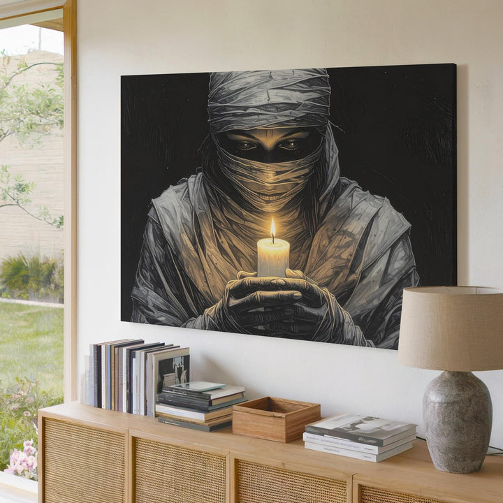Mummified Candle Bearer Canvas – Solitary Flame in Darkness Art - Gifitto