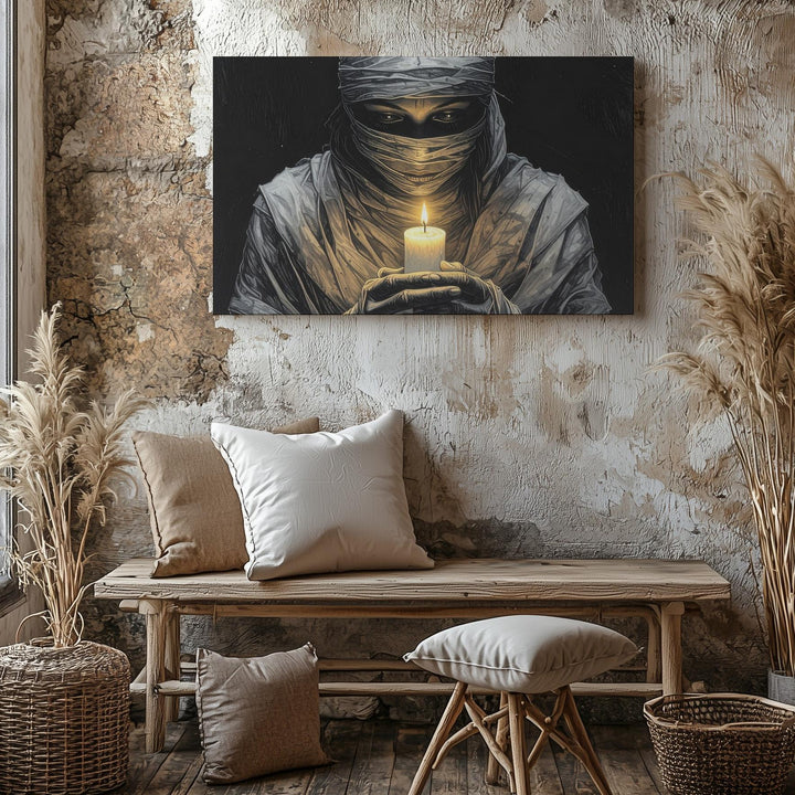 Mummified Candle Bearer Canvas – Solitary Flame in Darkness Art - Gifitto