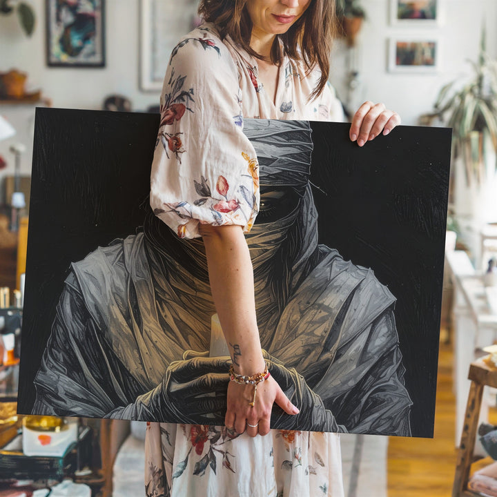 Mummified Candle Bearer Canvas – Solitary Flame in Darkness Art - Gifitto