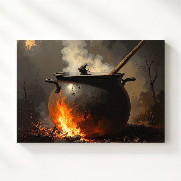 Enchanted Forest Witch Canvas – Flying Silhouette with Fire & Fog at Dusk - Gifitto
