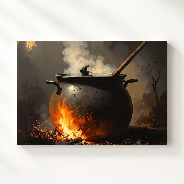 Enchanted Forest Witch Canvas – Flying Silhouette with Fire & Fog at Dusk - Gifitto