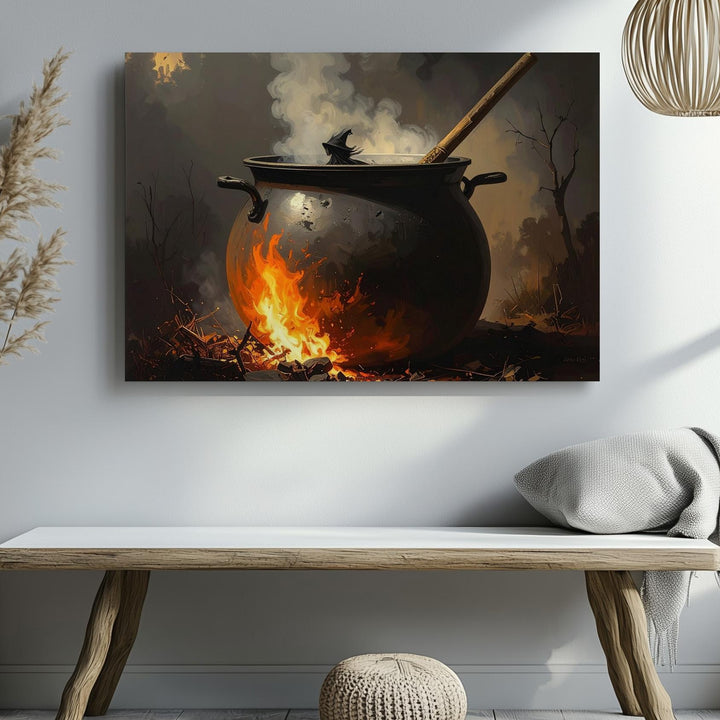Enchanted Forest Witch Canvas – Flying Silhouette with Fire & Fog at Dusk - Gifitto