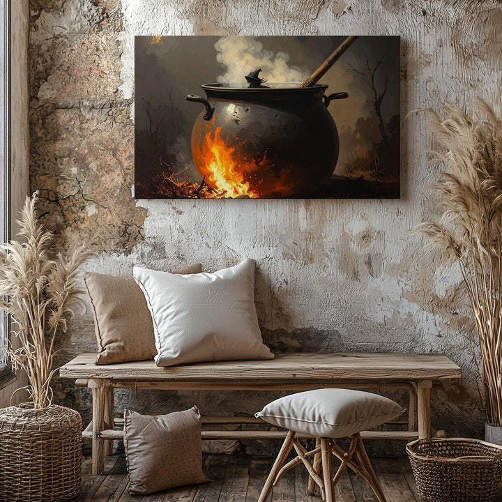 Enchanted Forest Witch Canvas – Flying Silhouette with Fire & Fog at Dusk - Gifitto