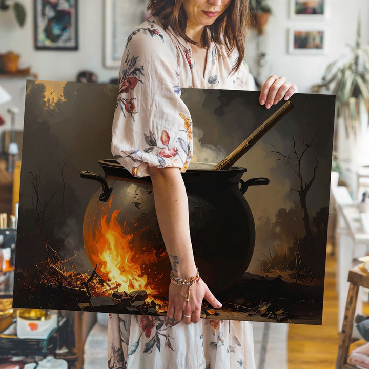 Enchanted Forest Witch Canvas – Flying Silhouette with Fire & Fog at Dusk - Gifitto