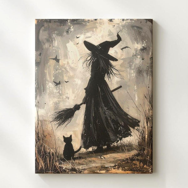 Solitary Witch & Cat Silhouette Canvas – Mystical Grayscale Wall Art - Gifitto