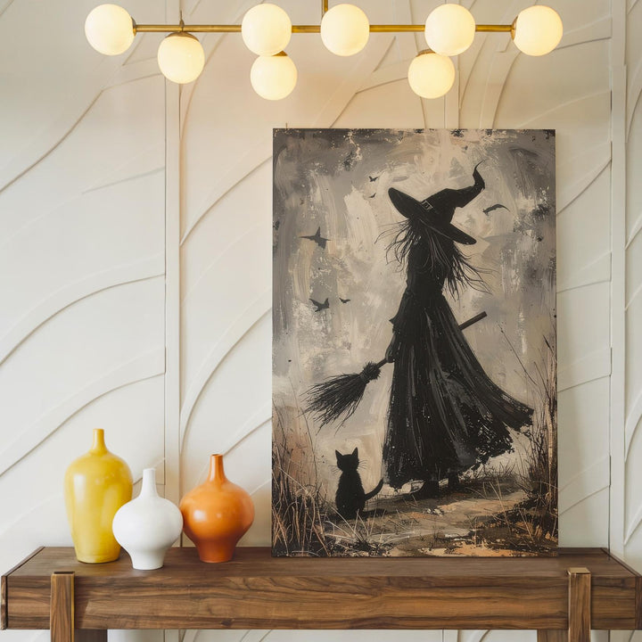 Solitary Witch & Cat Silhouette Canvas – Mystical Grayscale Wall Art - Gifitto