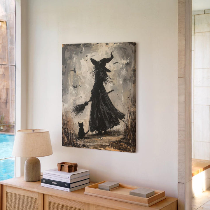 Solitary Witch & Cat Silhouette Canvas – Mystical Grayscale Wall Art - Gifitto