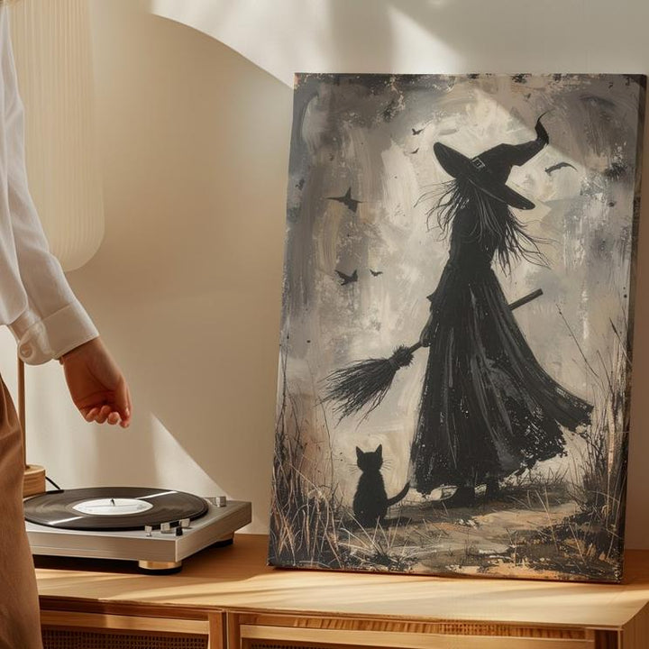 Solitary Witch & Cat Silhouette Canvas – Mystical Grayscale Wall Art - Gifitto