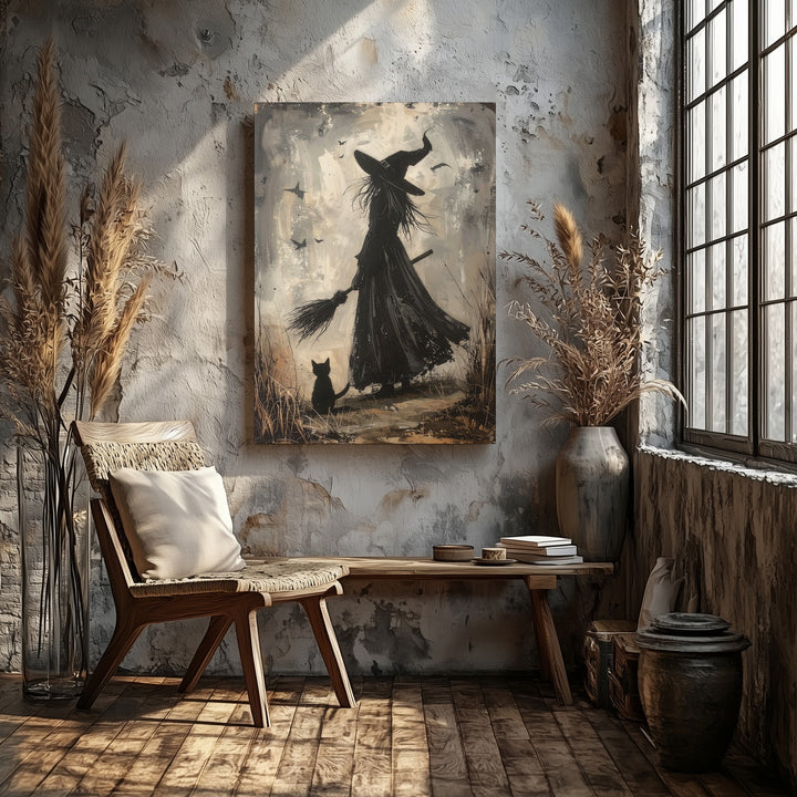 Solitary Witch & Cat Silhouette Canvas – Mystical Grayscale Wall Art - Gifitto