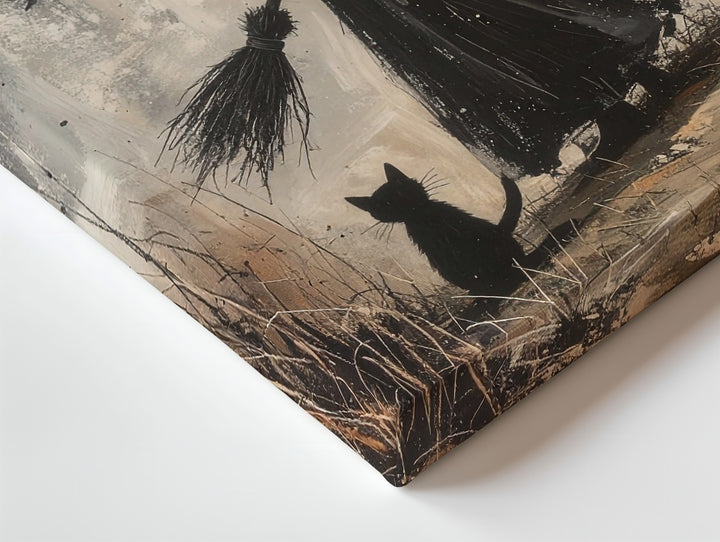 Solitary Witch & Cat Silhouette Canvas – Mystical Grayscale Wall Art - Gifitto