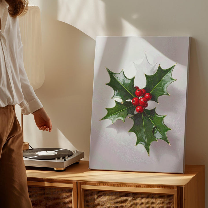 Minimal Holly Leaf Canvas – Clean Botanical Christmas Wall Art - Gifitto