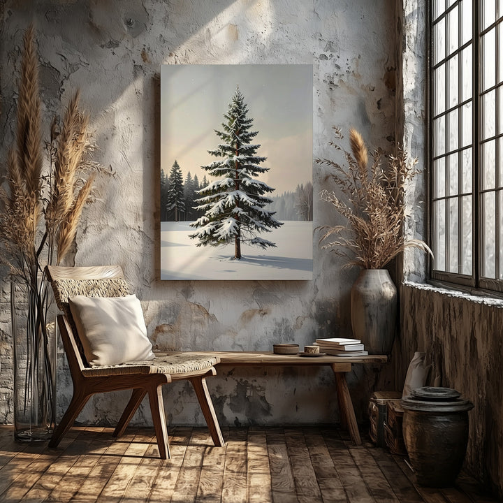 Minimal Snowy Pine Canvas – Serene Winter Christmas Nature Wall Art - Gifitto
