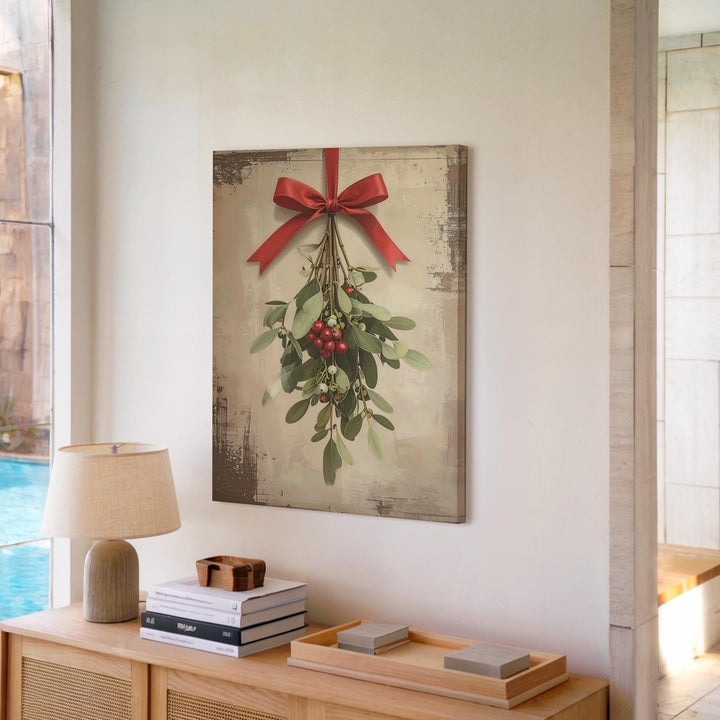 Minimal Mistletoe Sprig Canvas – Romantic Botanical Christmas Wall Art - Gifitto