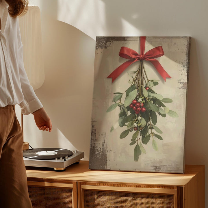 Minimal Mistletoe Sprig Canvas – Romantic Botanical Christmas Wall Art - Gifitto