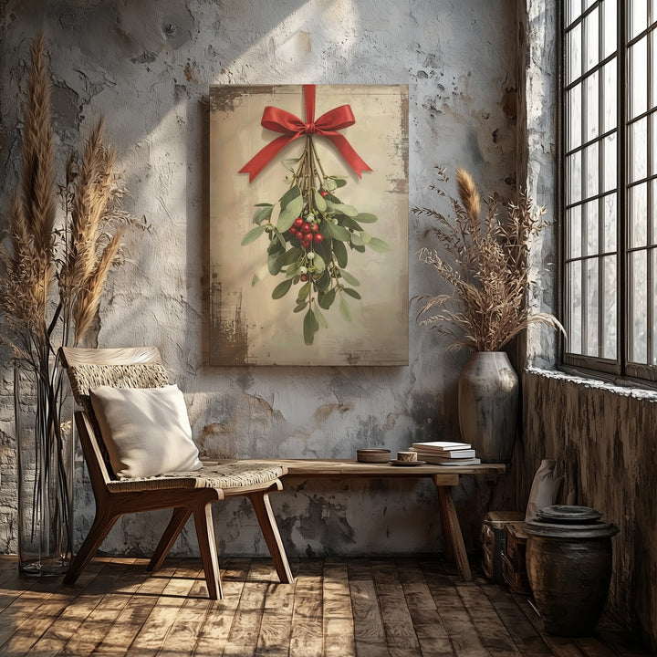 Minimal Mistletoe Sprig Canvas – Romantic Botanical Christmas Wall Art - Gifitto