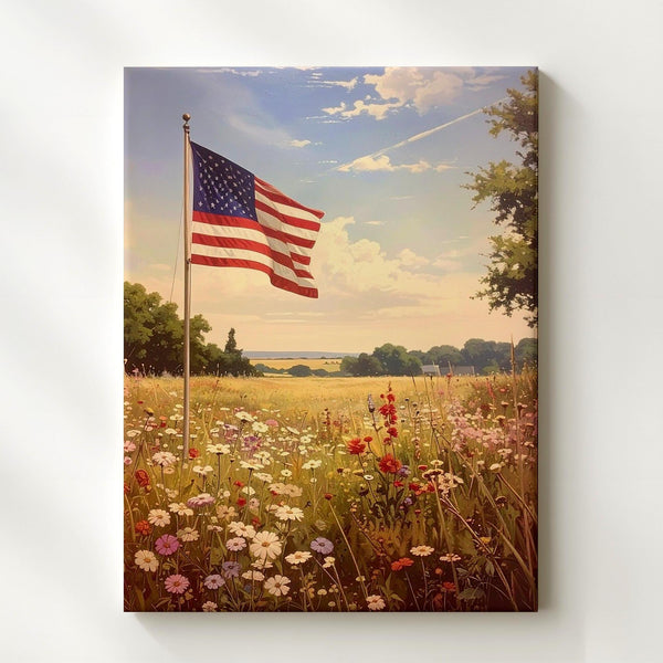 Lone Flag in Meadow Canvas – Peaceful American Countryside Wall Art - Gifitto