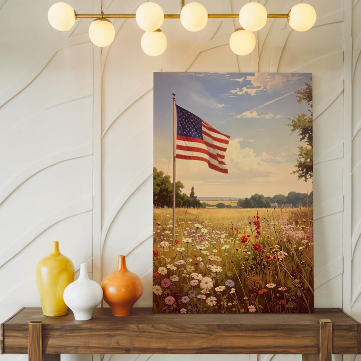 Lone Flag in Meadow Canvas – Peaceful American Countryside Wall Art - Gifitto
