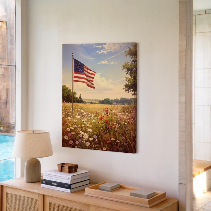 Lone Flag in Meadow Canvas – Peaceful American Countryside Wall Art - Gifitto