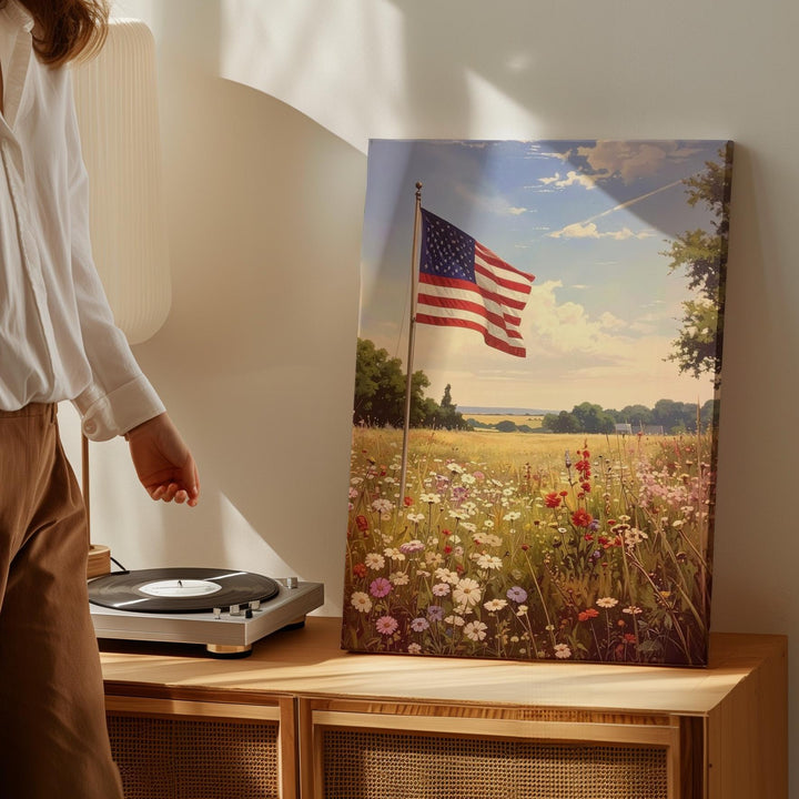 Lone Flag in Meadow Canvas – Peaceful American Countryside Wall Art - Gifitto