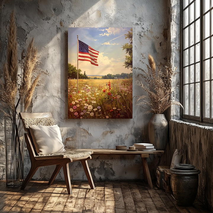 Lone Flag in Meadow Canvas – Peaceful American Countryside Wall Art - Gifitto