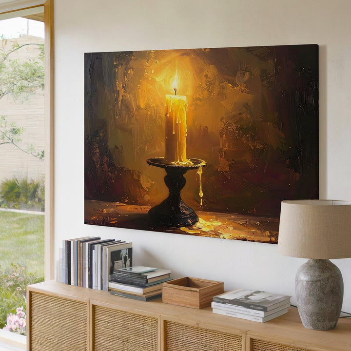 Solitary Candle Canvas – Sacred Flame in Darkness Wall Art - Gifitto