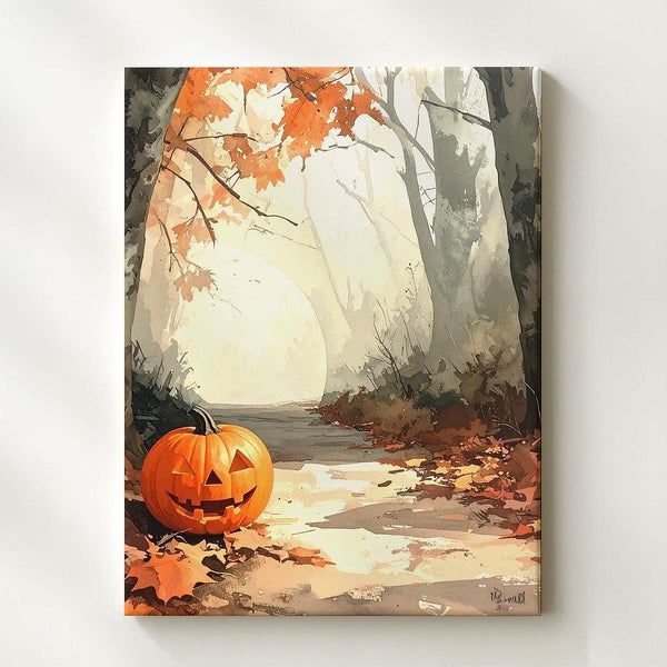 Glowing Pumpkin Forest Trail Canvas – Serene Halloween Morning Art - Gifitto