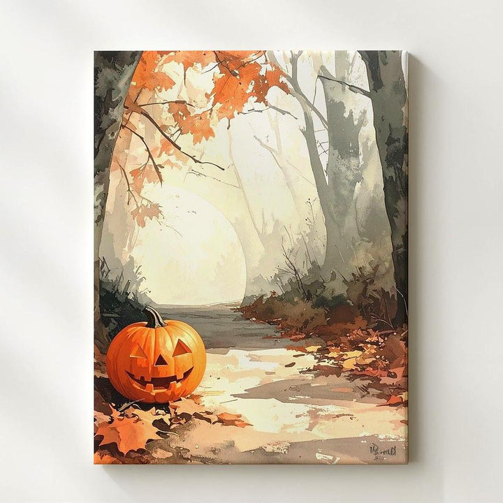Glowing Pumpkin Forest Trail Canvas – Serene Halloween Morning Art - Gifitto