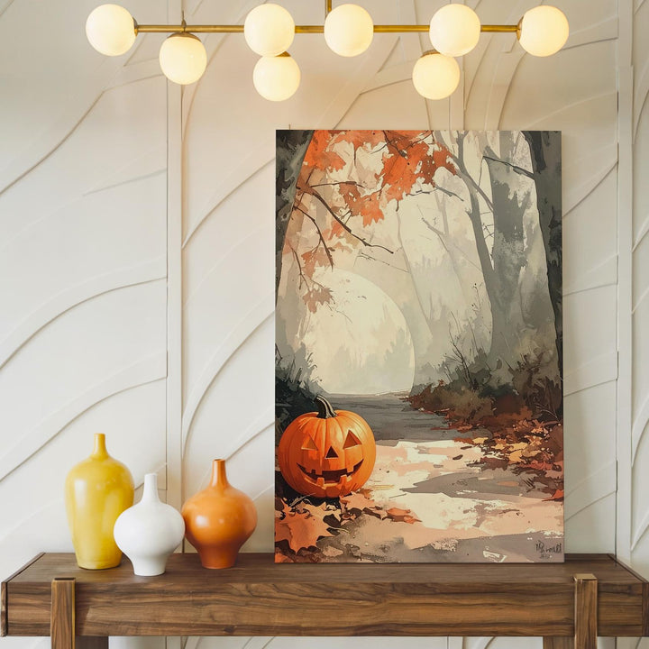 Glowing Pumpkin Forest Trail Canvas – Serene Halloween Morning Art - Gifitto